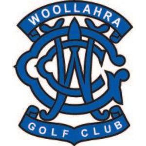 Woollahra Golf Club logo: A large royal blue interlocking script monogram of the letters W, G and C with white inner highlights and a dark navy outline, beneath an arched blue banner lettered WOOLLAHRA in white and above a blue ribbon banner lettered GOLF CLUB in white.