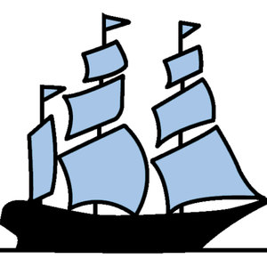 Woolooware Golf Course logo: A three-masted sailing ship with a solid black hull and pale blue square sails outlined in black, small pennants flying from the mastheads, riding on a straight black waterline.