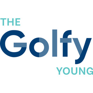 Young Golf Club logo: The word THE in small teal capitals at the upper left, Golfy in large dark navy lower-case letters crossed by a horizontal steel-blue band, and YOUNG in teal capitals at the lower right.