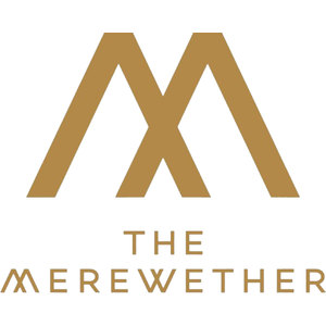 Merewether Golf Course logo: A tall gold letter M formed from two overlapping angular chevrons, above the words THE MEREWETHER in widely spaced gold serif capitals whose own M repeats the same chevron form.