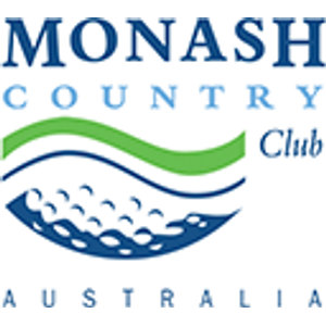 Monash Country Club logo: The word MONASH in navy serif capitals above COUNTRY in widely spaced pale blue capitals, with the word Club in navy italic serif at the right, over a green S-curved band and a navy crescent wave scattered with small white dimples, and AUSTRALIA in small widely spaced navy capitals underneath.