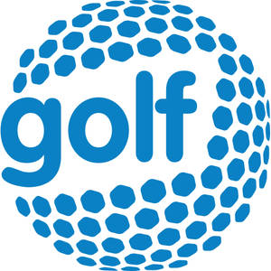 Moore Park Golf logo: A blue sphere built from concentric rows of rounded golf-ball dimples, with the lowercase word golf set in bold blue rounded letters across its middle.