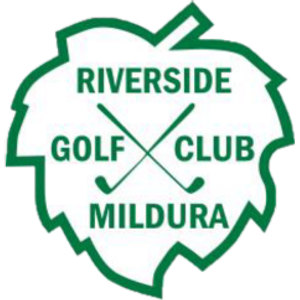Riverside Golf Club (Victoria) logo: A green outlined leaf with lobed edges enclosing the word RIVERSIDE in green capitals above GOLF and CLUB flanking two crossed green golf clubs, with MILDURA in green capitals below.