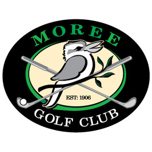 Moree Golf Club logo: A black oval badge with an inner green ring around a cream centre, holding a grey and white kookaburra with a long pale beak perched on a green-leafed branch in front of two crossed silver golf clubs, with a single white golf ball at the lower left club head, MOREE arched in green serif capitals above, GOLF CLUB arched in white serif capitals below and EST: 1906 in small dark capitals at the centre.