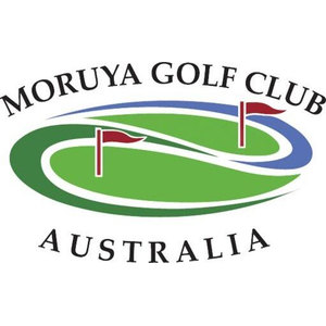 Moruya Golf Course logo: The words MORUYA GOLF CLUB arched in black serif capitals above an oval putting green in two shades of green ringed by white and blue swooshes, holding two red pennant flags on white flagsticks, with AUSTRALIA arched in black serif capitals below.