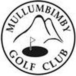 Mullumbimby Golf Club logo: A white circular badge with a black outer ring, lettered MULLUMBIMBY arched above and GOLF CLUB arched below in black serif capitals, enclosing a line-drawn twin-peaked mountain above a solid black oval putting green holding a thin flagstick with a small pennant flag.