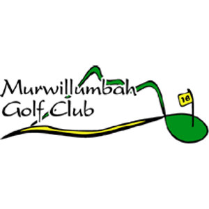 Murwillumbah Golf Club logo: The words Murwillumbah Golf Club in black casual handwritten lettering, with a green fairway sweeping in above them and a black and yellow fairway line curving below, beside a solid green oval putting green holding a flagstick with a small yellow flag numbered 16.