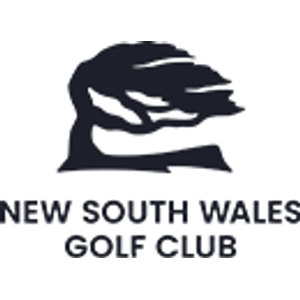 NSW Golf Club logo: A dark navy silhouette of a wind-swept coastal tree with a flattened canopy leaning to the right, standing on a low mound of ground, above NEW SOUTH WALES GOLF CLUB in navy capitals on two lines.