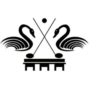 Sale Golf Club logo: Two black swans in silhouette facing each other with long curved necks and layered wings sweeping outward, flanking two crossed golf clubs topped by a black golf ball, all standing on a black bridge deck supported by short vertical piers.