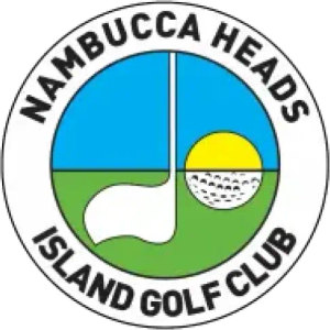 Nambucca Heads Island Golf Club logo: A white circular badge outlined in black, lettered NAMBUCCA HEADS arched above and ISLAND GOLF CLUB arched below in black capitals, enclosing a disc of blue sky over green ground with a white pennant flag on a tall white flagstick at the left and a white dimpled golf ball over a yellow sun at the right.