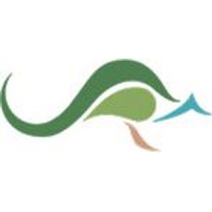 Nelson Bay Golf Club logo: A dark green curved band sweeping from a curled tip at the left into a high arch and down to a point at the right, over a pale olive-green teardrop, with a salmon-orange flipper shape below and a small forked teal-blue tail fin at the right, together reading as a leaping dolphin above a wave.