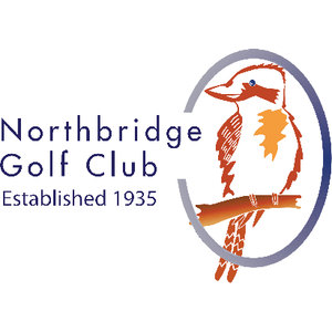 Northbridge Golf Club logo: The words Northbridge Golf Club above Established 1935 in widely spaced navy sans-serif letters, beside a grey to navy gradient oval ring enclosing a rust-orange line-drawn kookaburra with a long beak and a yellow-orange wing patch, perched on an orange-brown branch.