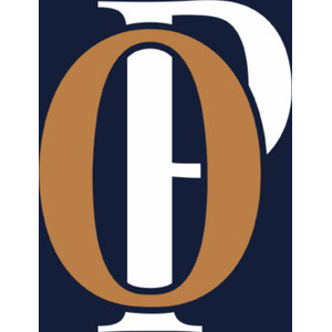 Oak Point Golf Club logo: A large gold serif letter O on a deep navy square, overlapping a white serif letter P whose stem shows as a white bar through the centre of the O and whose bowl runs off the top and right edges of the frame.