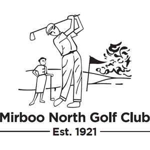 Mirboo North Golf Club logo: A black line-art golfer at the top of his follow-through swing with a smaller figure standing behind him resting on a grounded club, a black triangular pennant on a flagstick and a stylised tree drawn in curling strokes at the right, above Mirboo North Golf Club in bold black sans-serif with Est. 1921 set between two short horizontal rules underneath.