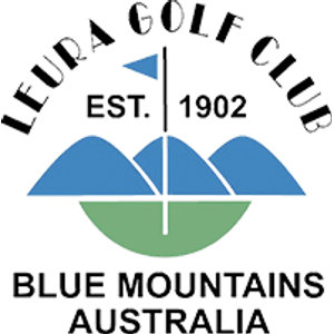 Leura Golf Course logo: LEURA GOLF CLUB arched in black capitals over a blue triangular pennant on a black flagstick flanked by EST. and 1902, above three blue mountain humps sitting on a green half-disc that the flagstick runs down into, with BLUE MOUNTAINS AUSTRALIA in black capitals underneath.