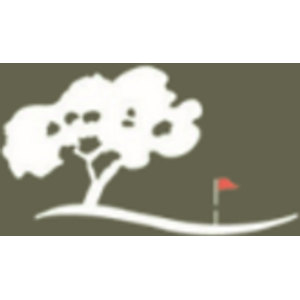 Moonah Links Golf Club logo: A white silhouetted moonah tree with a broad spreading canopy standing on a white curving ground line beside a small red flag on a white flagstick, all on a solid olive-green square.