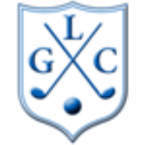 Lithgow Golf Club logo: A white shield with a pale blue outline holding two crossed blue golf clubs with a blue golf ball below their crossing, and the blue serif letters L, G and C set above, left and right of the cross.