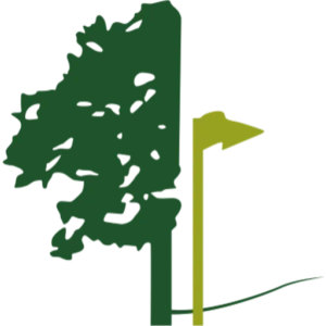 Macarthur Grange Country Club logo: A dark green leafy tree with a straight trunk beside a yellow-green triangular pennant on a slender yellow-green flagstick, with a thin dark green fairway line curving away to the right at the base.