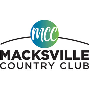 Macksville Country Club logo: A circle filled with a blue-to-green gradient carrying the lowercase letters mcc in white brush script, with a long thin black arc curving up behind it like a horizon, above MACKSVILLE in heavy black capitals and COUNTRY CLUB in lighter spaced black capitals.