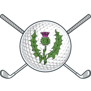 Maclean Golf Club logo: A white dimpled golf ball with a green spiky thistle bearing a magenta flower in front of it, set over two crossed grey golf clubs whose heads point down and outward.