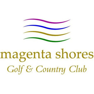 Magenta Shores Golf Course logo: Four stacked wavy lines in magenta, blue, gold and green above magenta shores in gold lowercase serif with Golf & Country Club in gold serif italic beneath.