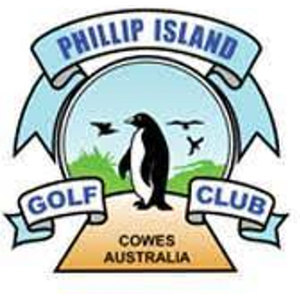 Phillip Island Golf Club logo: A pale blue circular badge showing a black and white penguin standing on an orange sand bank with green grass and three black birds flying behind it, the circle set over two crossed grey golf clubs whose heads show at either side of the top, framed by a pale blue ribbon banner lettered PHILLIP ISLAND above with white banners lettered GOLF and CLUB at either side, over an orange trapezoid lettered COWES AUSTRALIA in black.