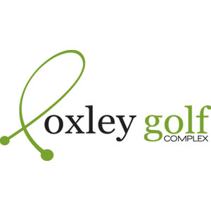 Oxley Golf Complex - Corinda Golf Course logo: A yellow-green looping line curling into a tall open loop with a small filled yellow-green circle at each end, beside the lowercase word oxley in near-black and golf in yellow-green, with COMPLEX in small yellow-green capitals underneath.