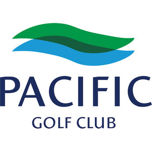 Pacific Golf Club logo: Two overlapping ribbon waves, a green one above a blue one, crossing to form a dark green overlap, above the word PACIFIC in large navy capitals with GOLF CLUB in smaller navy capitals beneath.