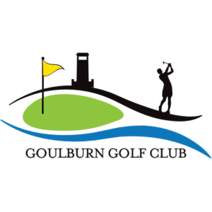 Goulburn Golf Club logo: A yellow flag on a thin black flagstick standing on a light green oval putting green, with a black silhouetted square tower behind it and a black golfer silhouette at the top of a swing on a curving black ridge to the right, above a blue curving wave, with GOULBURN GOLF CLUB in black serif capitals underneath.