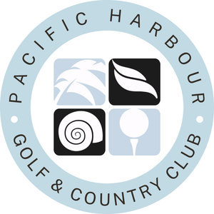 Pacific Harbour Golf Club logo: A pale blue ring lettered PACIFIC HARBOUR above and GOLF & COUNTRY CLUB below in dark brown spaced capitals separated by small white dots, enclosing a two-by-two grid of rounded squares showing white palm fronds on pale blue, a white leaf on black, a white spiral shell on black, and a white golf ball on a tee on pale blue.