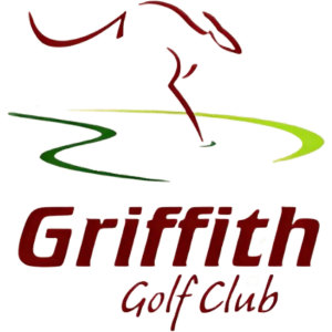 Griffith Golf Club logo: An abstract dark red brush-stroke figure of a golfer swinging a club overhead, above two tapering fairway swooshes in dark green and lime green, with Griffith in bold dark red italic lettering and Golf Club in dark red script beneath.
