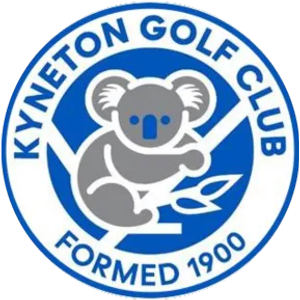 Kyneton Golf Club logo: A round badge with a blue rim and a white ring lettered KYNETON GOLF CLUB around the top and FORMED 1900 around the bottom in blue capitals, enclosing a blue disc with a grey koala clinging to a white branch with white leaves.