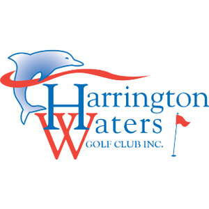 Harrington Waters Golf Course logo: A pale blue leaping dolphin arching over a red curved swoosh, beside a large blue H and a large red W stacked as an interlocking monogram at the start of the words Harrington and Waters in blue serif type, with GOLF CLUB INC. in small blue capitals beneath and a small red flag on a thin flagstick at the right.