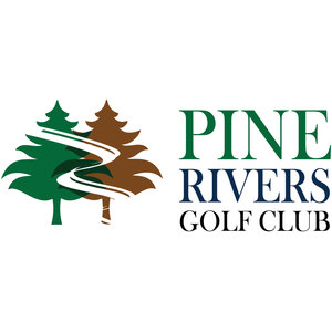 Pine Rivers Golf Club logo: A dark green pine tree beside a brown pine tree with a white winding river cutting down through them, next to PINE in dark green serif capitals over RIVERS in navy serif capitals over GOLF CLUB in black serif capitals.