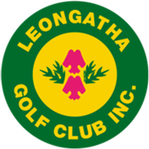 Leongatha Golf Club logo: A dark green ring lettered LEONGATHA around the top and GOLF CLUB INC. around the bottom in yellow capitals, enclosing a yellow disc with two magenta bell-shaped flowers hanging from a dark green leafy stem.