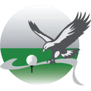 Hawks Nest Golf Club logo: A dark grey hawk with wings spread and talons reaching down, swooping across a circle whose upper half is pale grey and lower half is green, above a white dimpled golf ball on a thin black tee, with a pale grey curving swoosh sweeping behind.
