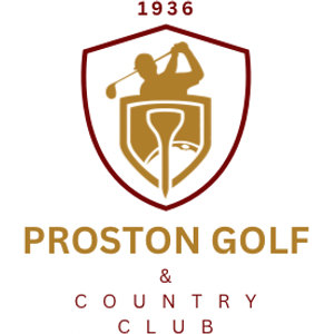 Proston Golf Club logo: A dark red shield outline with the year 1936 in small dark red figures above it, containing a gold golfer silhouette at the top of a backswing over a tall gold golf tee, with PROSTON GOLF in gold capitals and & COUNTRY CLUB in spaced dark red capitals beneath.