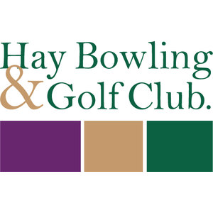 Hay Golf Club logo: The words Hay Bowling & Golf Club. set in dark green serif type on two lines with a large tan ampersand at the left, above three solid rectangles in purple, tan and dark green.