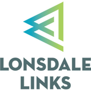 Lonsdale Links Golf Club logo: An open triangle drawn from angled bars shading from teal blue at the left to lime green at the right, with a chevron notch cut into its left side, above LONSDALE LINKS in dark slate grey sans-serif capitals on two lines.
