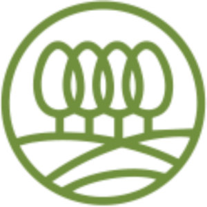 Green Acres Golf Club logo: An olive-green circular outline enclosing four tall overlapping oval trees on short trunks standing in a row above curved contour lines suggesting rolling fairway ground, drawn entirely in green line art on white.