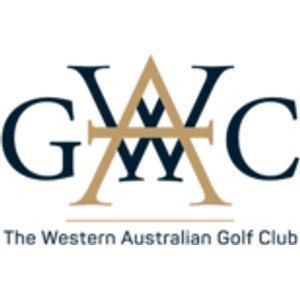 Western Australian Golf Club logo: A navy serif letter G and letter C flanking an interlocking monogram of a gold letter A crossed over a navy letter W, above a thin gold rule and the words The Western Australian Golf Club in small navy type.