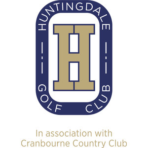 Huntingdale Golf Club logo: A navy rounded badge lettered HUNTINGDALE arched across the top and GOLF CLUB across the bottom in white capitals, with a vertical long-short-long row of three white bars down each side, enclosing a large gold slab-serif letter H, above the line In association with Cranbourne Country Club in small gold type.