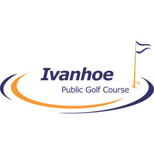 Ivanhoe Public Golf Course logo: The word Ivanhoe in bold navy italic above Public Golf Course in lighter navy, ringed by a navy and an orange crescent sweep, with an orange flagstick standing in a hole at the right flying a navy two-tailed pennant.