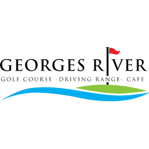 Georges River Golf Course logo: GEORGES RIVER in black serif capitals, the letter I replaced by a black flagstick flying a small red flag whose pole runs down through the words into a green putting surface, with GOLF COURSE - DRIVING RANGE - CAFE in small letterspaced black capitals between them and a single curving blue river band sweeping across the foot.