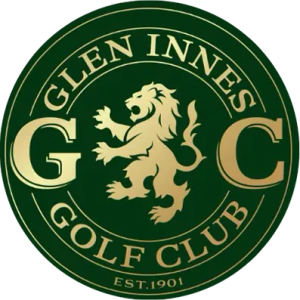 Glen Innes Golf Club logo: A dark green disc ringed in gold and lettered GLEN INNES in gold capitals above and GOLF CLUB below, enclosing a gold rampant lion flanked by a large gold serif G and C, with EST.1901 in gold at the foot.