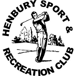 Henbury Golf Club logo: A black and white circular badge in which a line-drawn male golfer follows through on his swing, standing on a fairway in front of dark pine and shrub silhouettes, ringed by bold black capitals reading HENBURY SPORT & RECREATION CLUB.