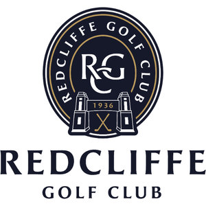 Redcliffe Golf Club logo: A navy circular badge outlined in gold and lettered REDCLIFFE GOLF CLUB in white capitals around the rim, enclosing an interlocking white serif R, C and G monogram above two white lighthouse towers that flank a banner reading 1936 in gold with gold crossed golf clubs beneath it, and REDCLIFFE GOLF CLUB set in navy serif capitals underneath.