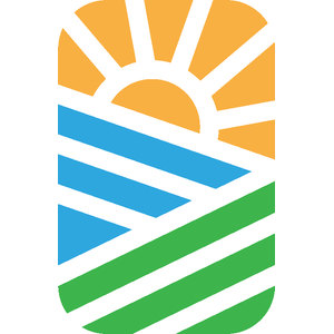 Lorne Golf Course logo: A rounded upright rectangle divided by thin white gaps into three bands: an orange sun with radiating triangular rays across the top, a band of blue diagonal stripes below it, and green diagonal stripes filling the bottom.
