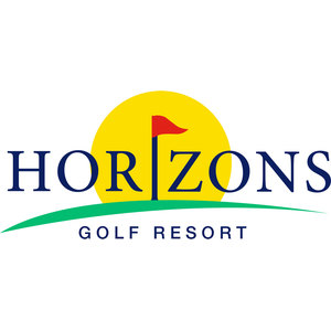 Horizons Golf Course logo: A navy serif wordmark reading HORIZONS in which the letter I is replaced by a tall pole flying a red pennant flag, set in front of a yellow sun disc, above a long green swoosh and the words GOLF RESORT in small navy sans-serif capitals.
