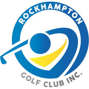 Rockhampton Golf Club logo: A blue circular emblem with ROCKHAMPTON arced in white capitals across the top and GOLF CLUB INC. in grey capitals across the bottom, enclosing a swirling dark blue crescent, a yellow crescent swoosh and a large blue disc reading as a golf ball, with the shaft and head of a blue golf club angled in across the lower left.